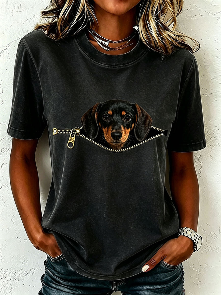 Earcy | Dog Print Short Sleeve Crew Neck T Shirt