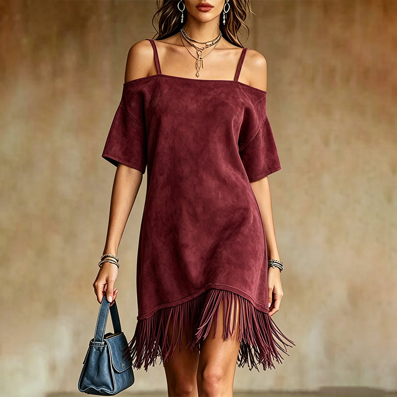 Lewina | Off Shoulder Strappy Fringe Dress