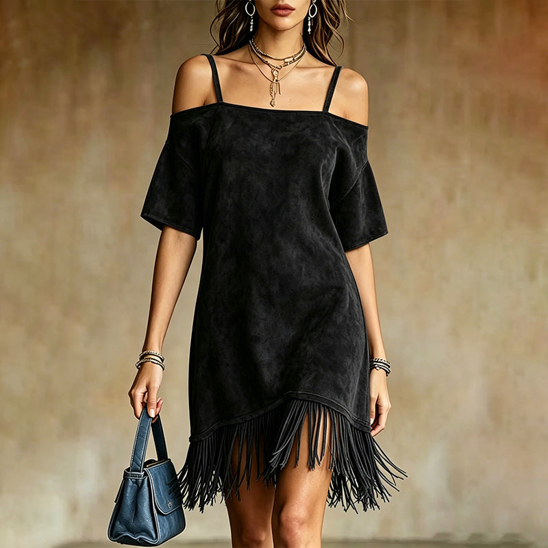 Lewina | Off Shoulder Strappy Fringe Dress