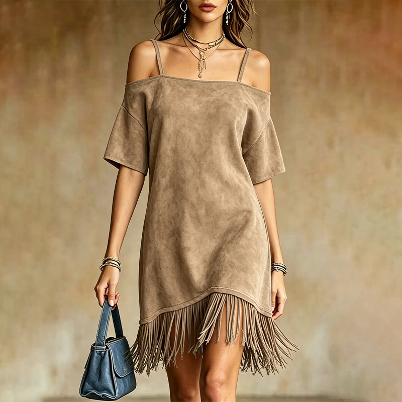 Lewina | Off Shoulder Strappy Fringe Dress