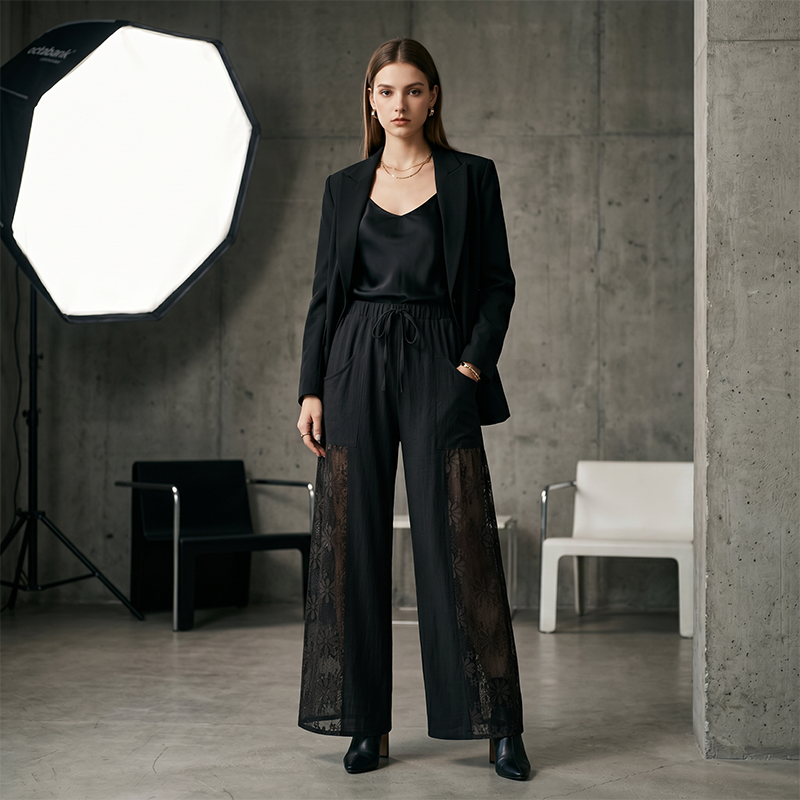 Qerina | Wide Leg Floral Lace Panel Trousers