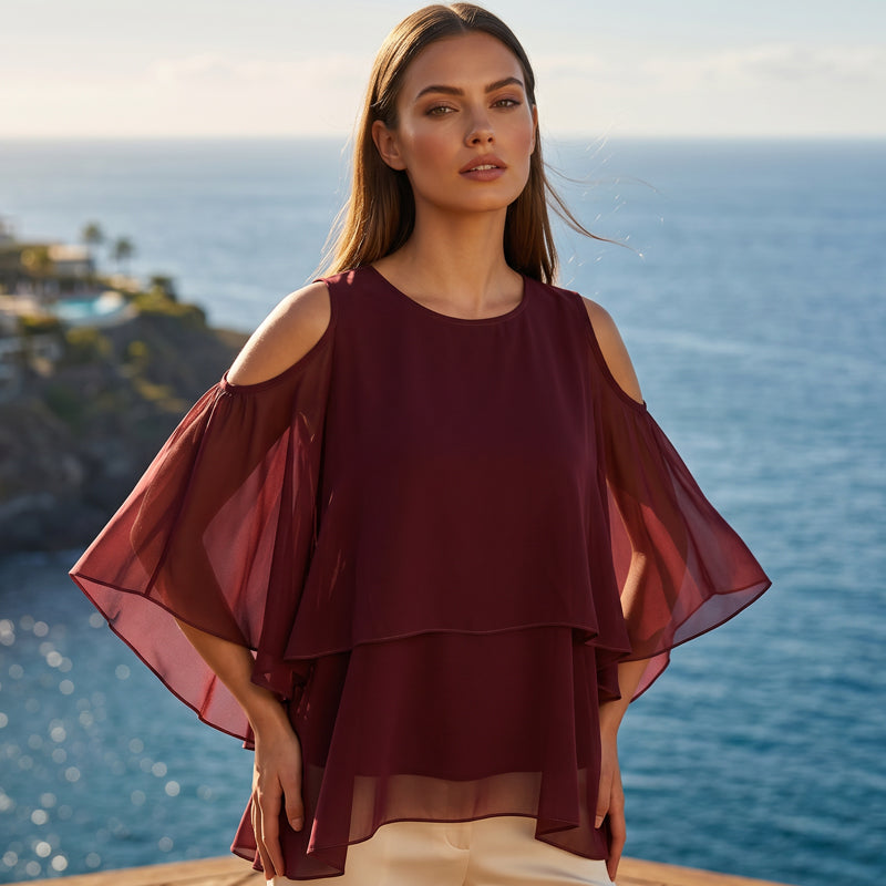 Lisina | Cold-Shoulder Layered Chiffon Blouse