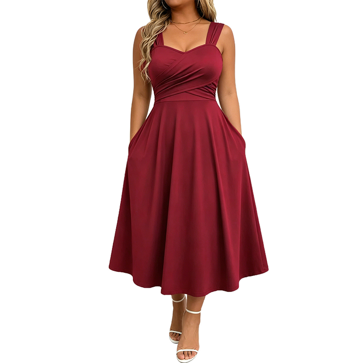 Katjaa | Sleeveless Sweetheart Neck Midi Dress Pockets