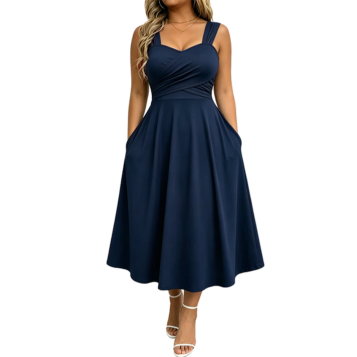Katjaa | Sleeveless Sweetheart Neck Midi Dress Pockets