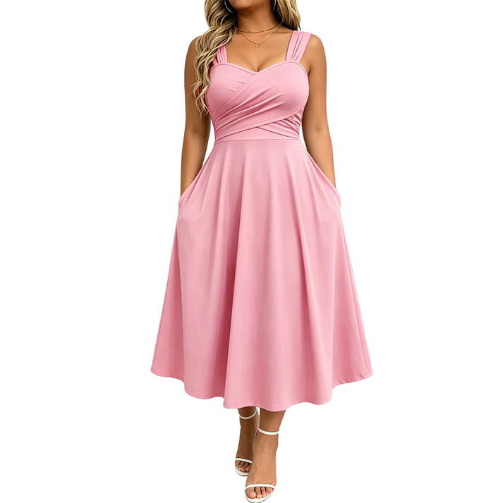 Katjaa | Sleeveless Sweetheart Neck Midi Dress Pockets