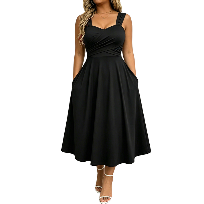 Katjaa | Sleeveless Sweetheart Neck Midi Dress Pockets
