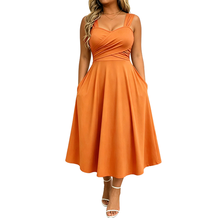 Katjaa | Sleeveless Sweetheart Neck Midi Dress Pockets