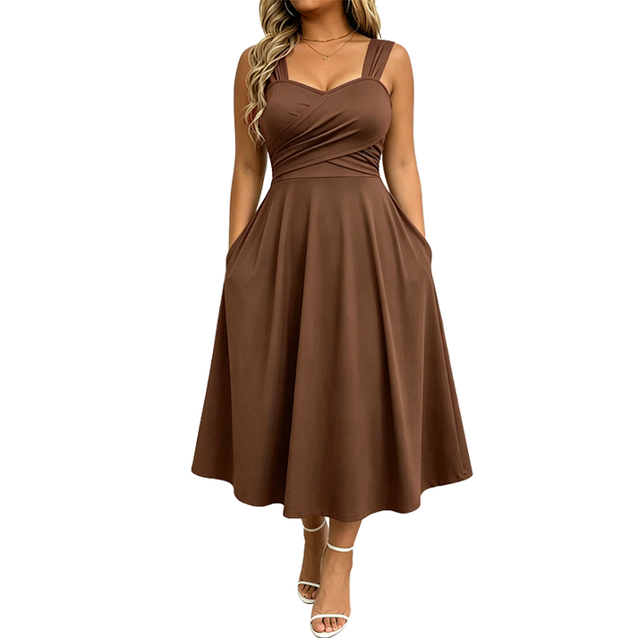 Katjaa | Sleeveless Sweetheart Neck Midi Dress Pockets