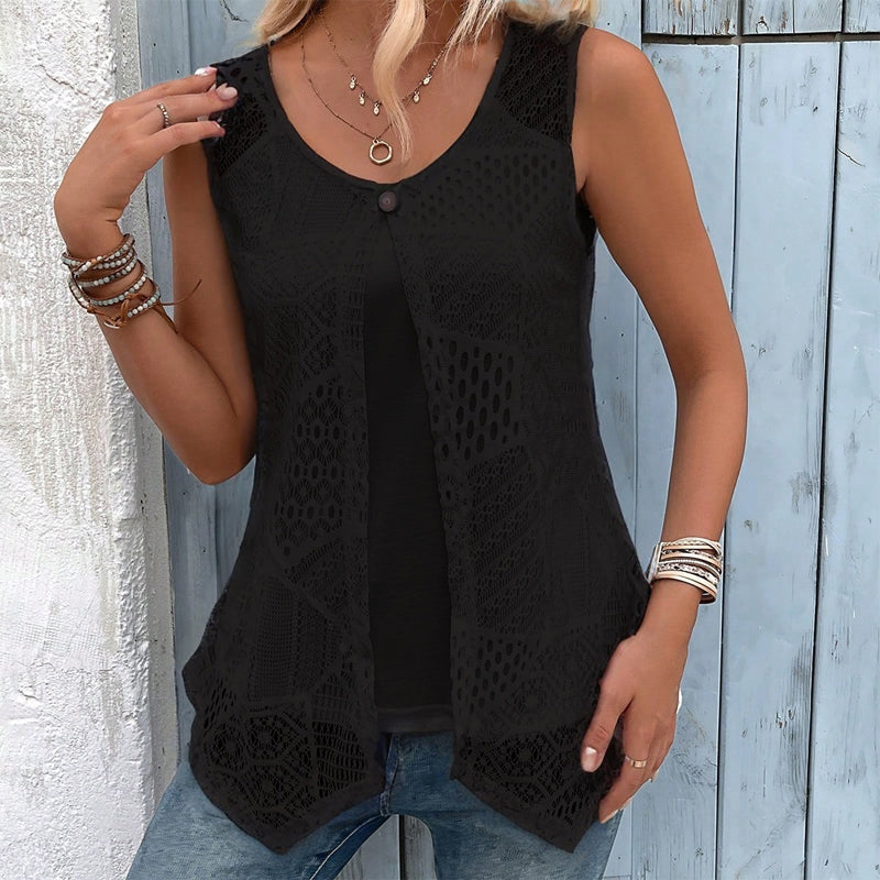 Raima | Sleeveless Crochet Open-Front Longline Cardigan