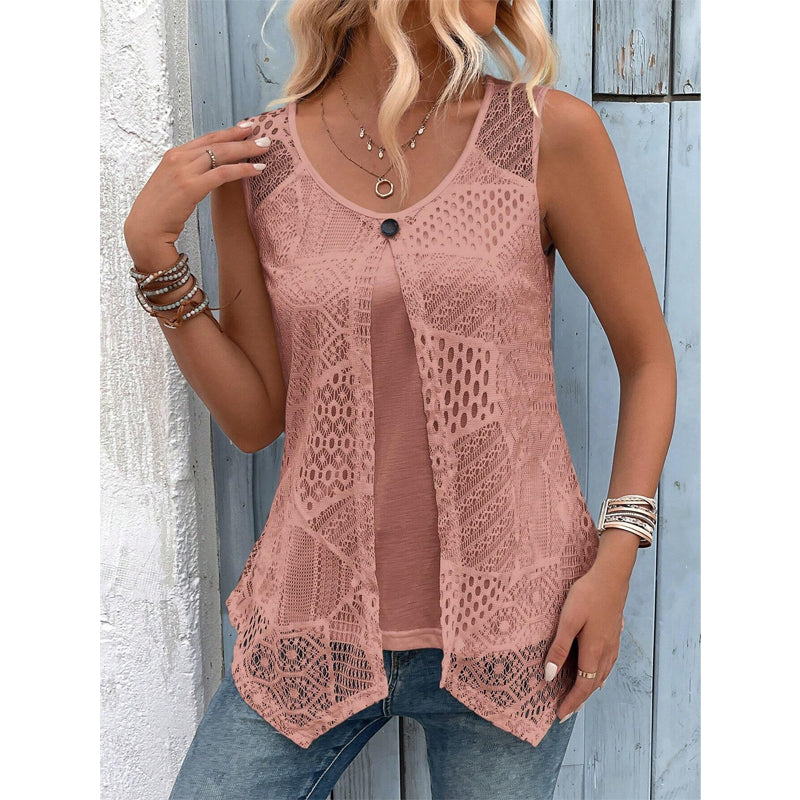 Raima | Sleeveless Crochet Open-Front Longline Cardigan