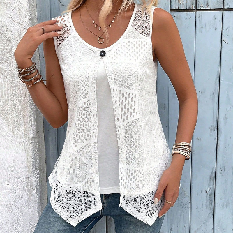Raima | Sleeveless Crochet Open-Front Longline Cardigan