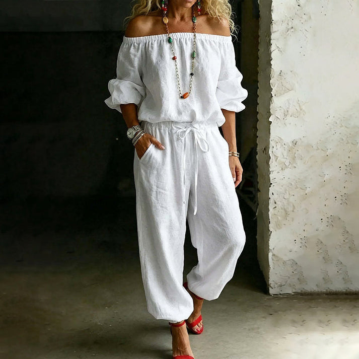 Gunay | Off-Shoulder Drawstring Wide-Leg Jumpsuit
