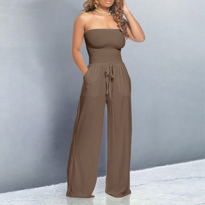 Zeina | Strapless Shirred Wide Leg Jumpsuit