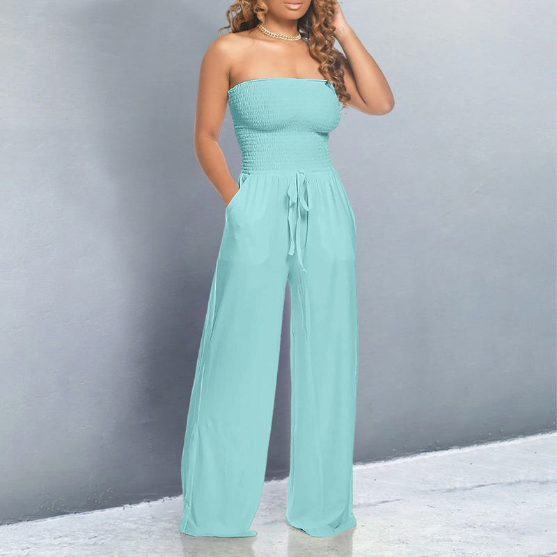 Zeina | Strapless Shirred Wide Leg Jumpsuit