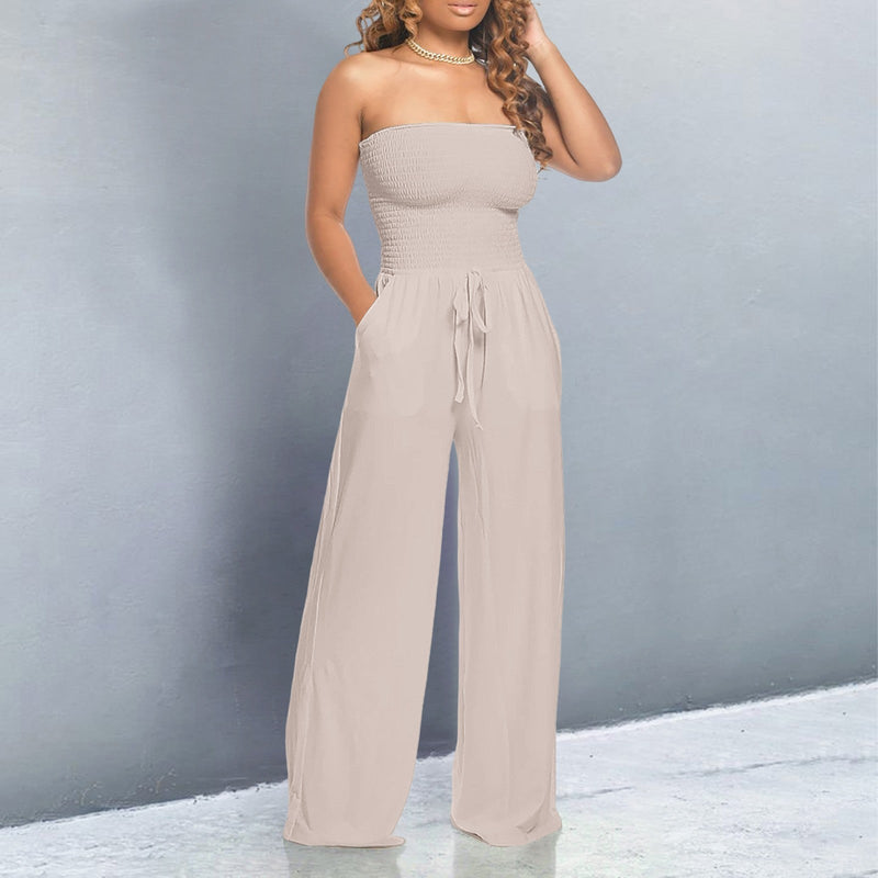 Zeina | Strapless Shirred Wide Leg Jumpsuit