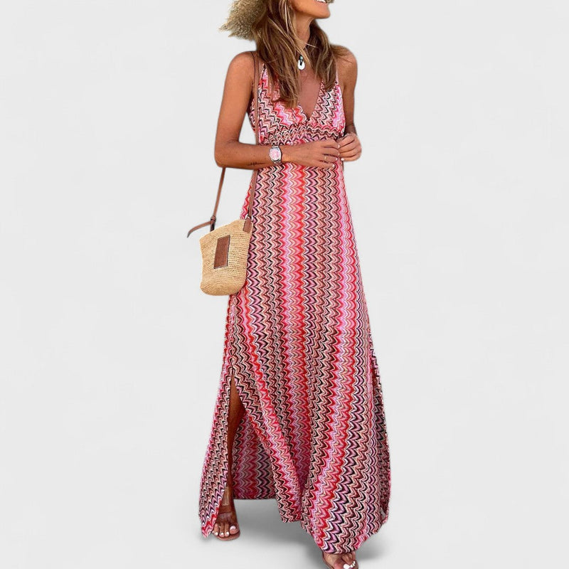 Erandi | Printed V Neck Sleeveless Maxi Dress