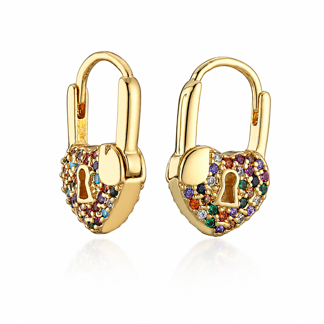 Koolen | Heart Lock Drop Hoop Earrings Gold