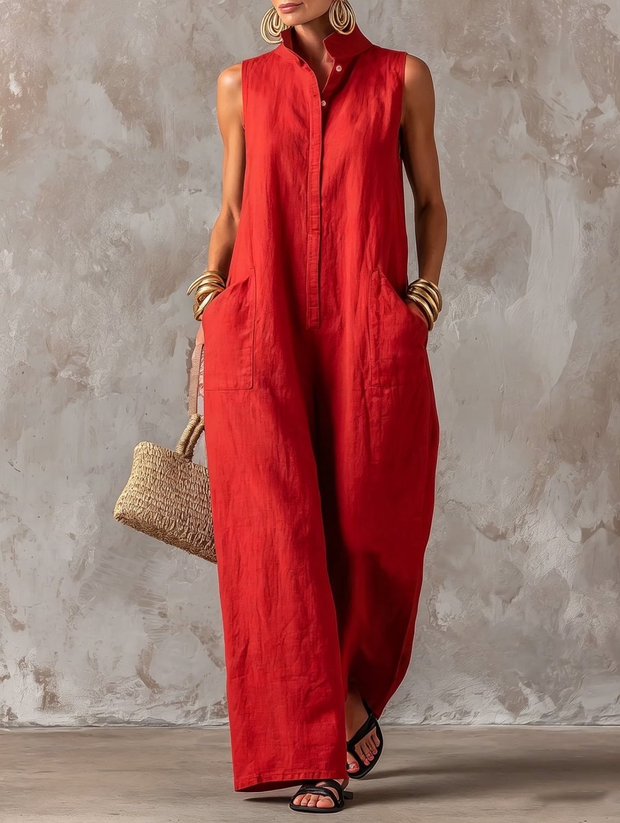 Salla | Jumpsuit Sleeveless Wide Leg Stand Collar Pockets