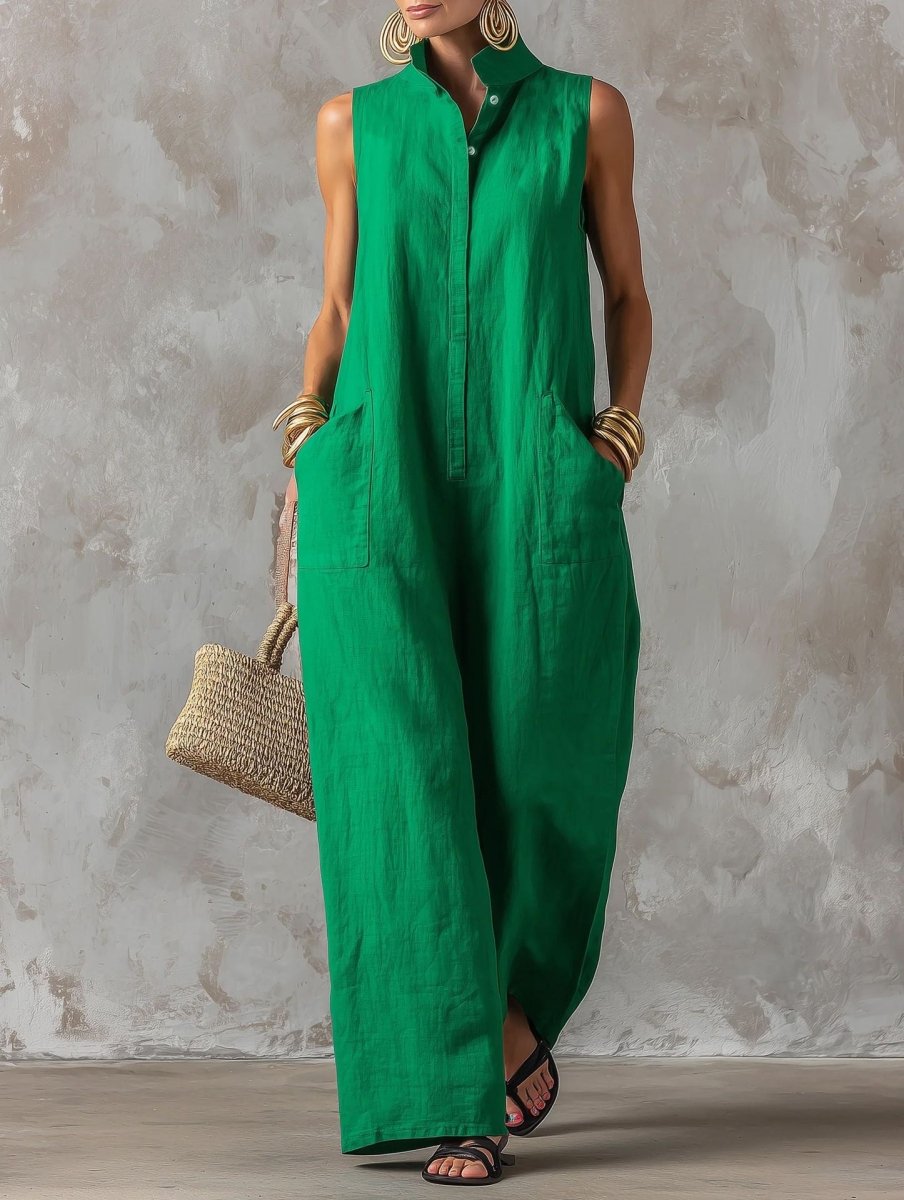 Salla | Jumpsuit Sleeveless Wide Leg Stand Collar Pockets