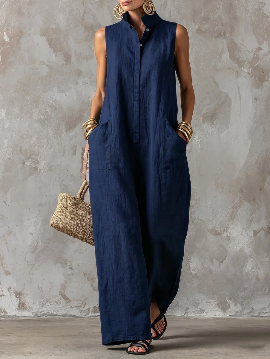Salla | Jumpsuit Sleeveless Wide Leg Stand Collar Pockets