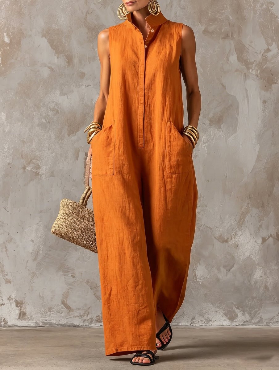 Salla | Jumpsuit Sleeveless Wide Leg Stand Collar Pockets