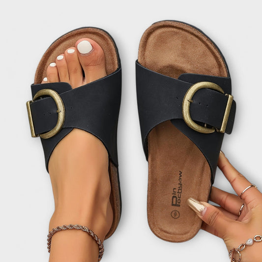 Nolia - Adjustable Buckle Strap Flat Slide Sandals