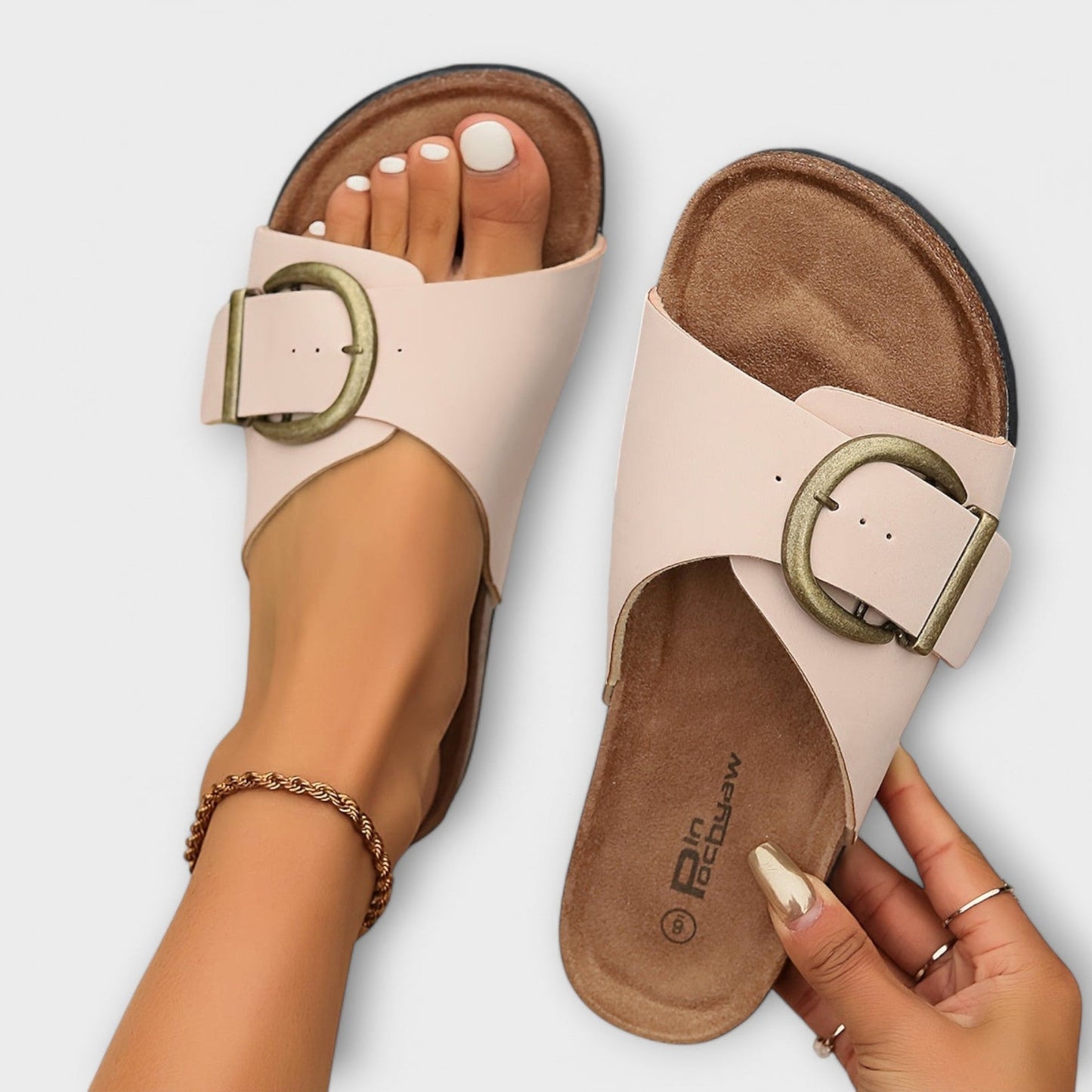 Nolia - Adjustable Buckle Strap Flat Slide Sandals