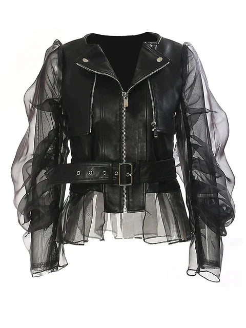 Sharnah | Jacket Black Leather-Look Mesh Sleeves