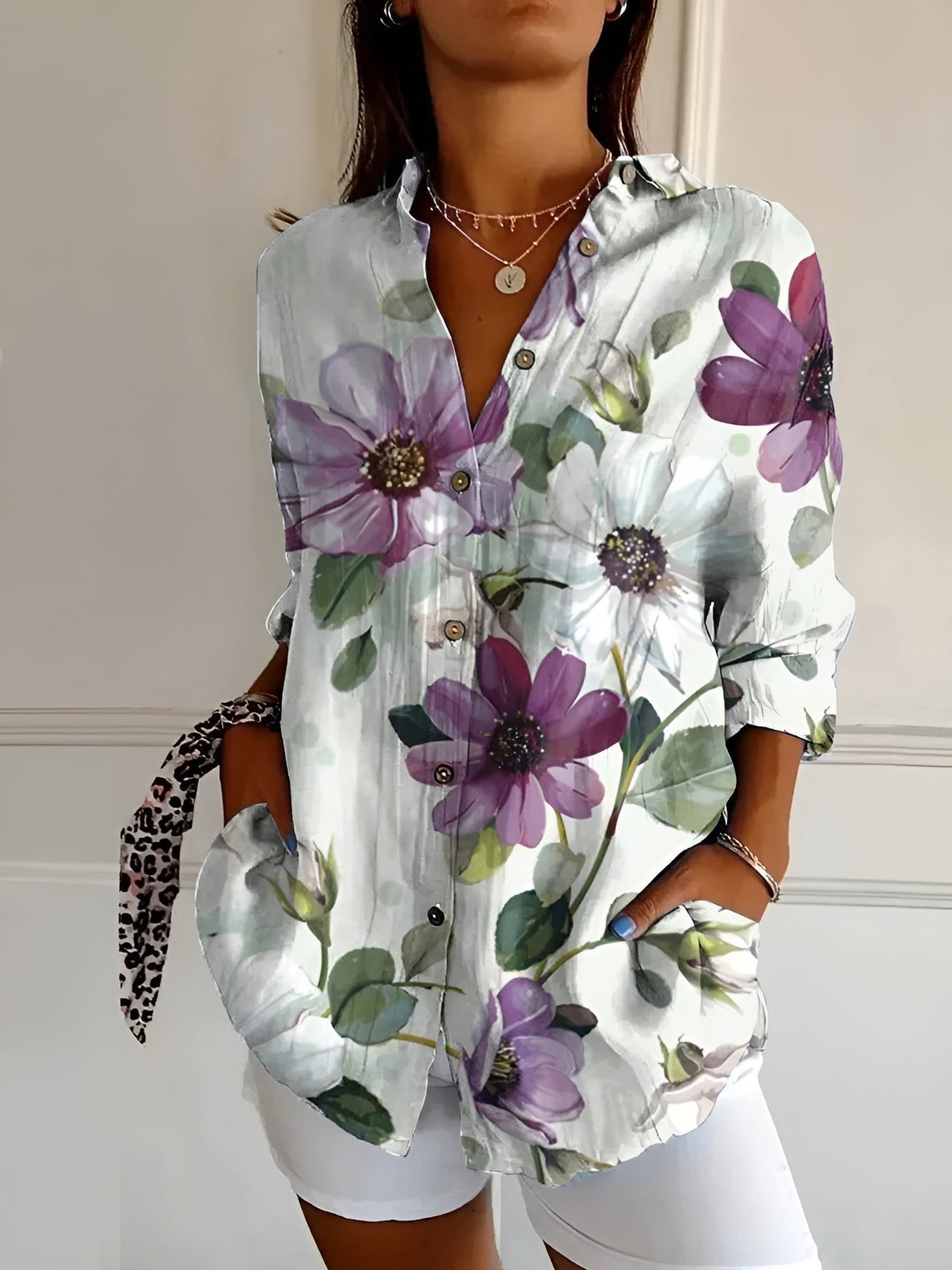 Brenda - Floral Print Long Sleeve Casual Blouse