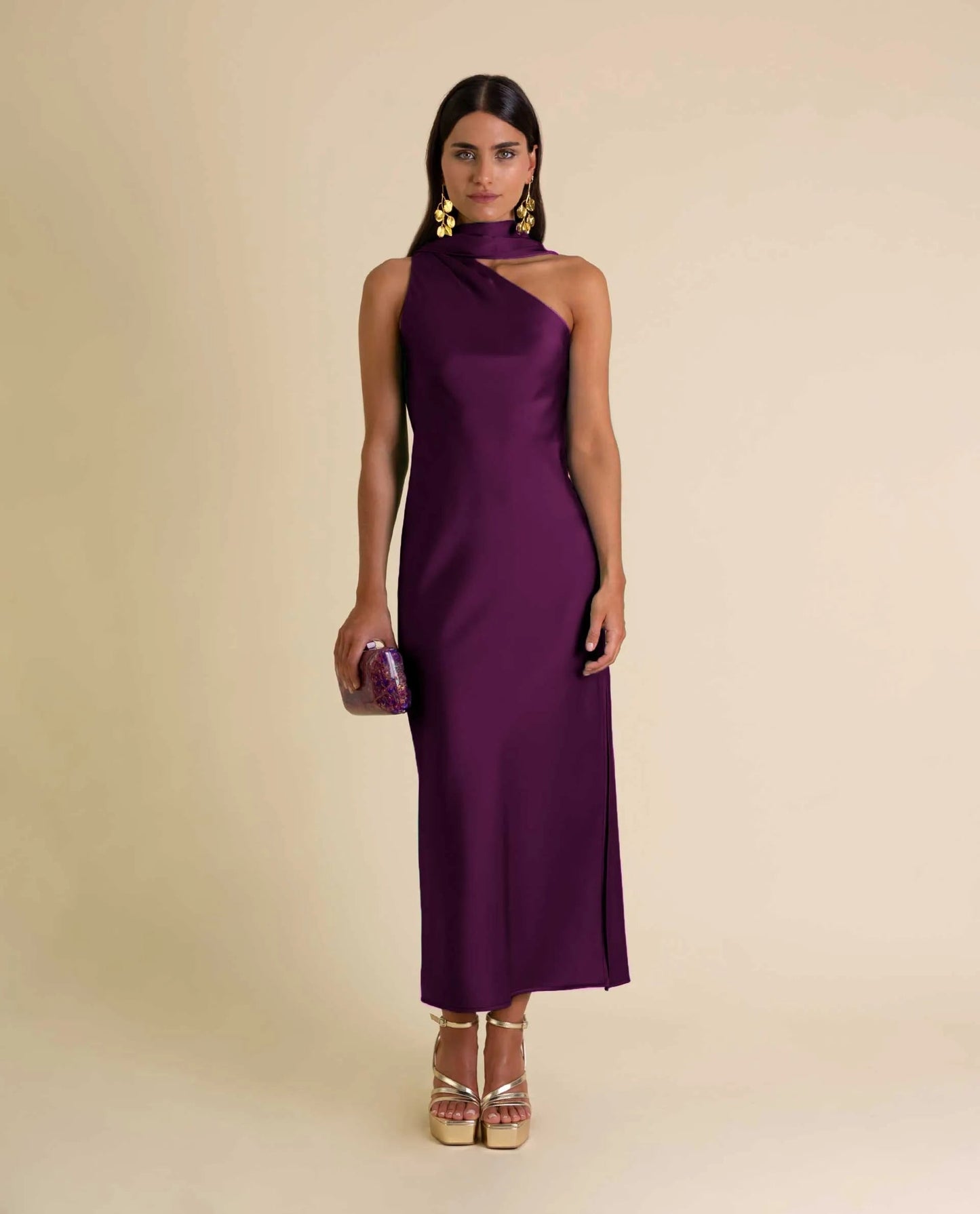 Zinash | Satin-Style Asymmetric Neck Midi Dress