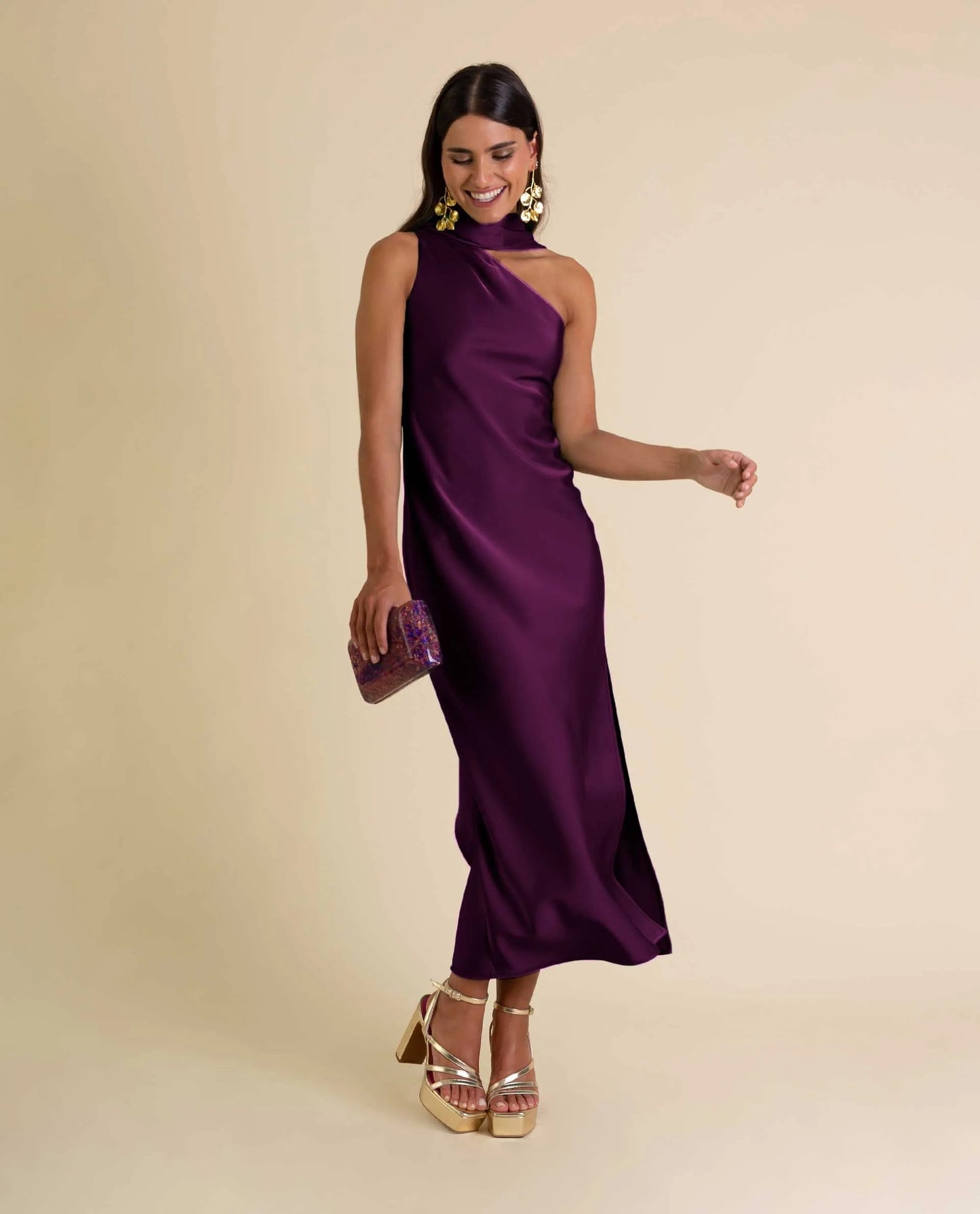 Zinash | Satin-Style Asymmetric Neck Midi Dress