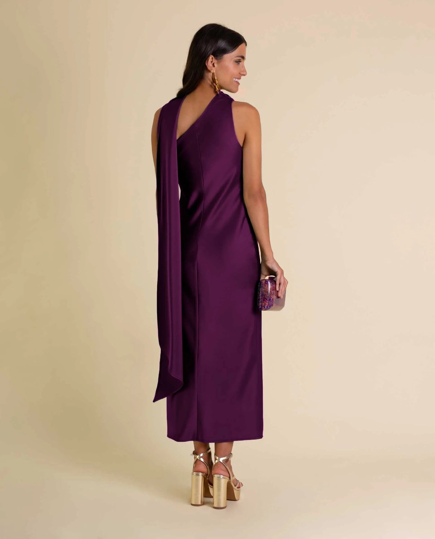 Zinash | Satin-Style Asymmetric Neck Midi Dress