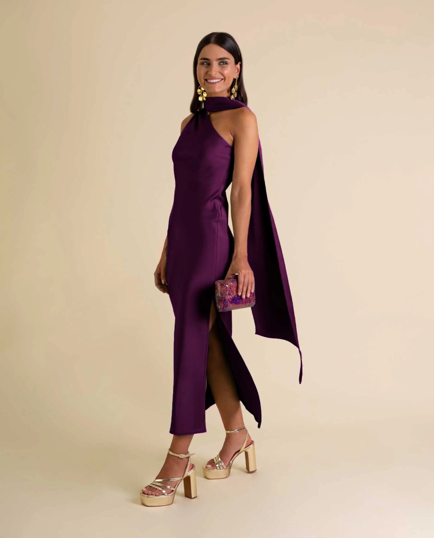 Zinash | Satin-Style Asymmetric Neck Midi Dress