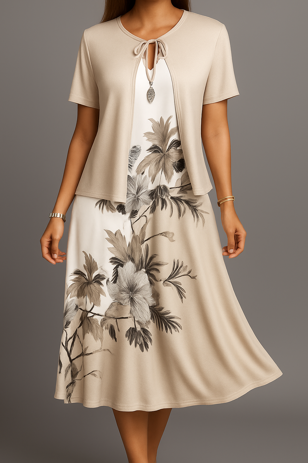 Isadora | Floral Midi Dress With Tie Overlay