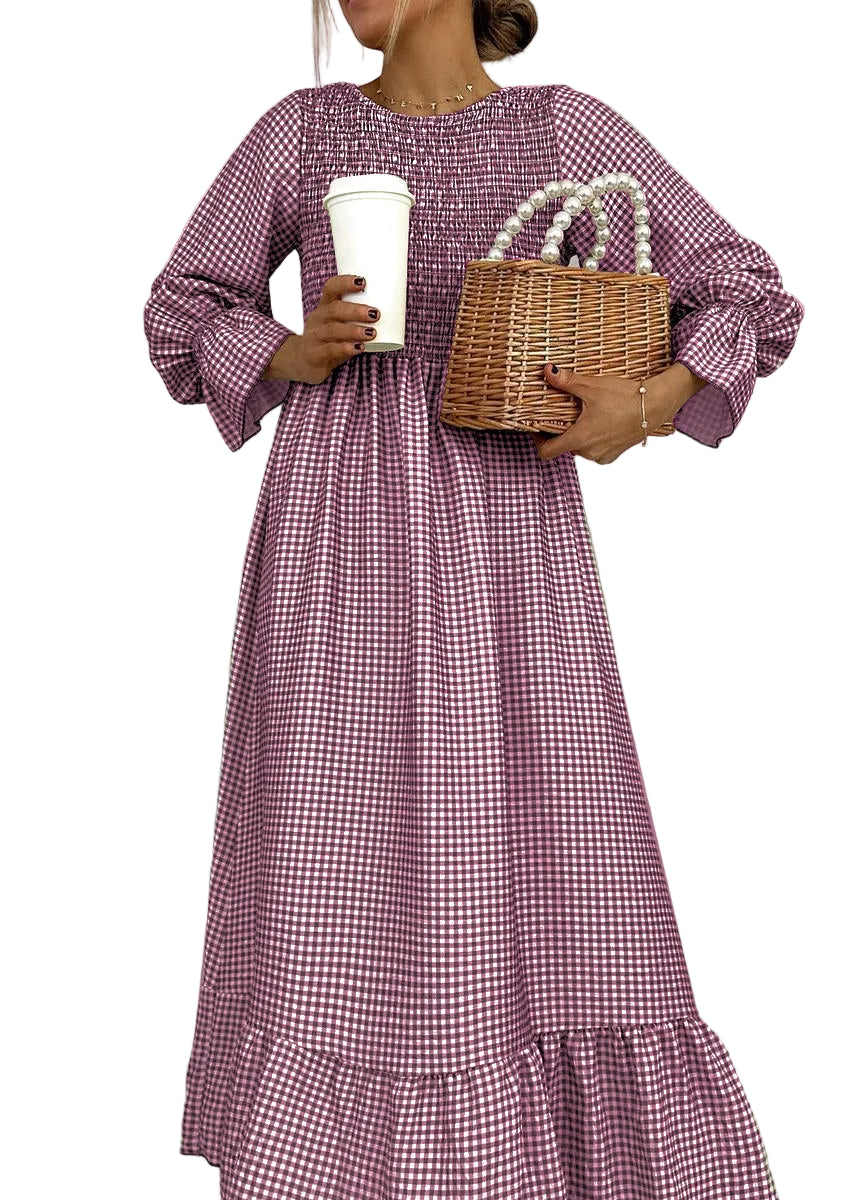 Helenee | Maxi Dress Checked Smocked Round Neck