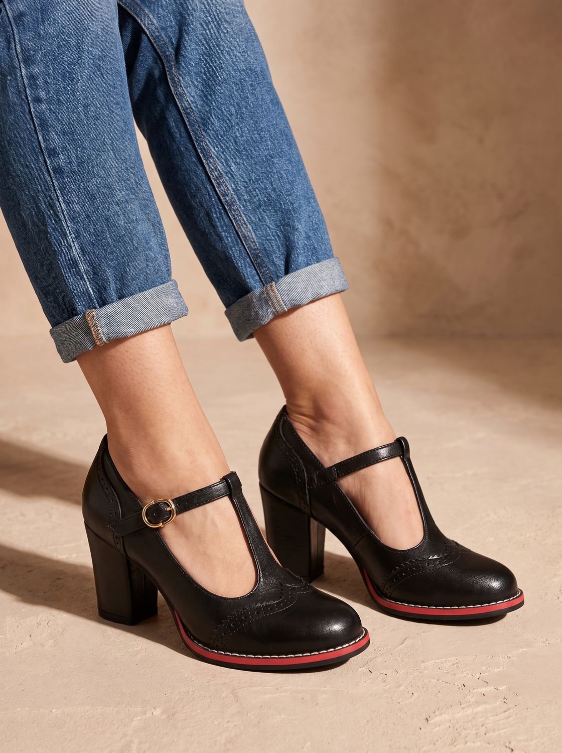 Cathy | T-Strap Brogue Block Heel Pumps