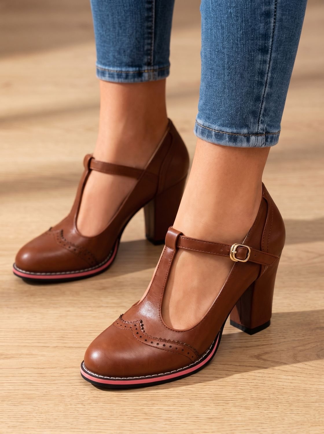 Cathy | T-Strap Brogue Block Heel Pumps