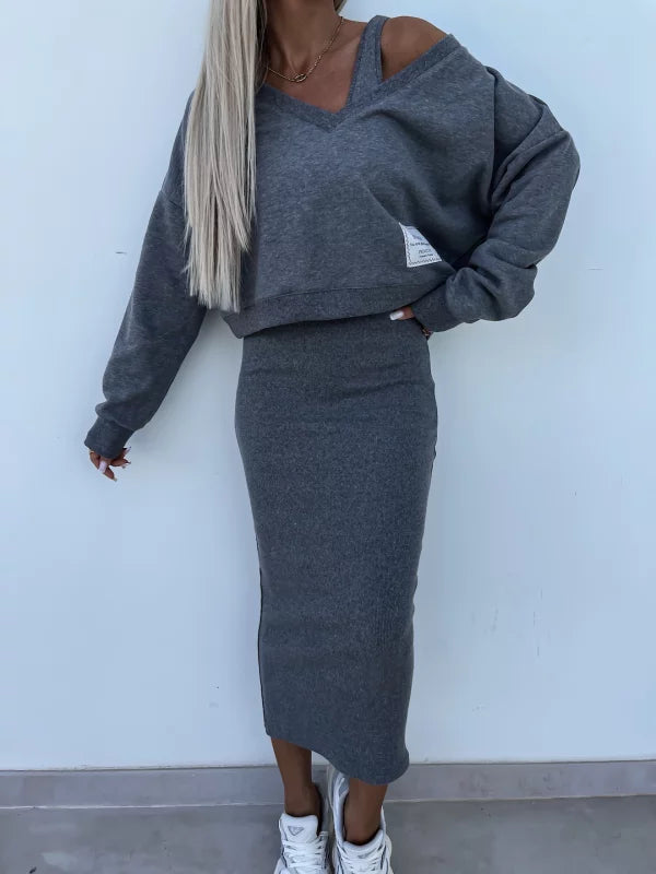 Latasha |  V-Neck Long Sleeve Midi Dress Set